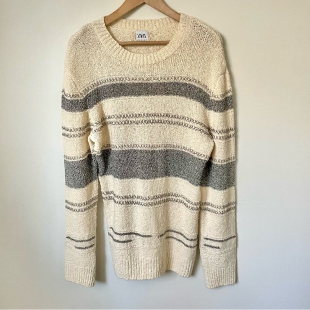 Zara Textured Ecru Striped Sweater Coastal Size Medium